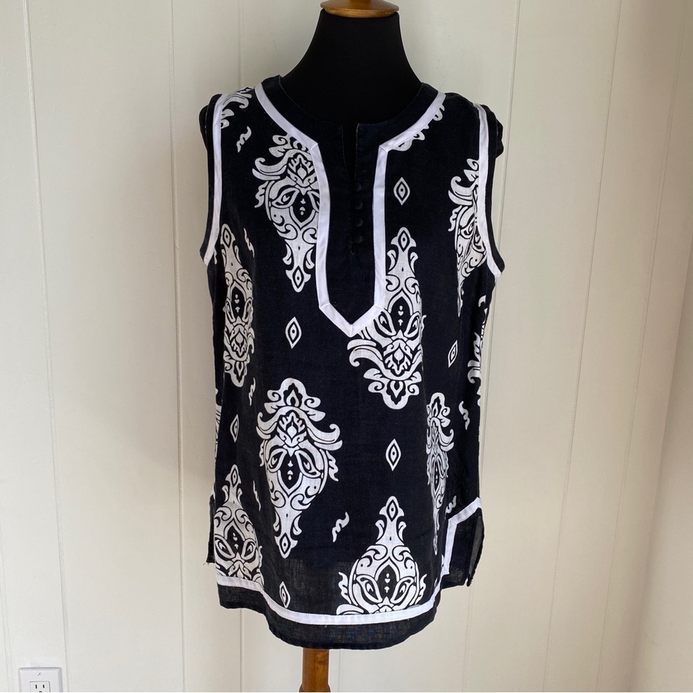 Carole Little 100% Linen Black and White Women’s Sleeveless Top | XL